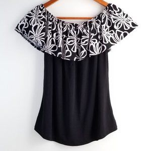 Jacquard Off Shoulder Embroidered Ruffle Crepe Jersey Knit Floral